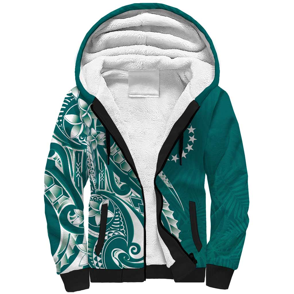 Kia Orana Cook Islands Sherpa Hoodie Teal Plumeria Tropical Waves - Polynesian Pride
