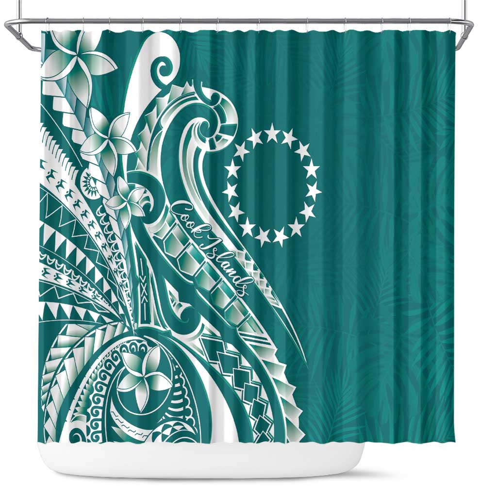 Kia Orana Cook Islands Shower Curtain Teal Plumeria Tropical Waves - Polynesian Pride