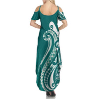 Kia Orana Cook Islands Summer Maxi Dress Teal Plumeria Tropical Waves - Polynesian Pride