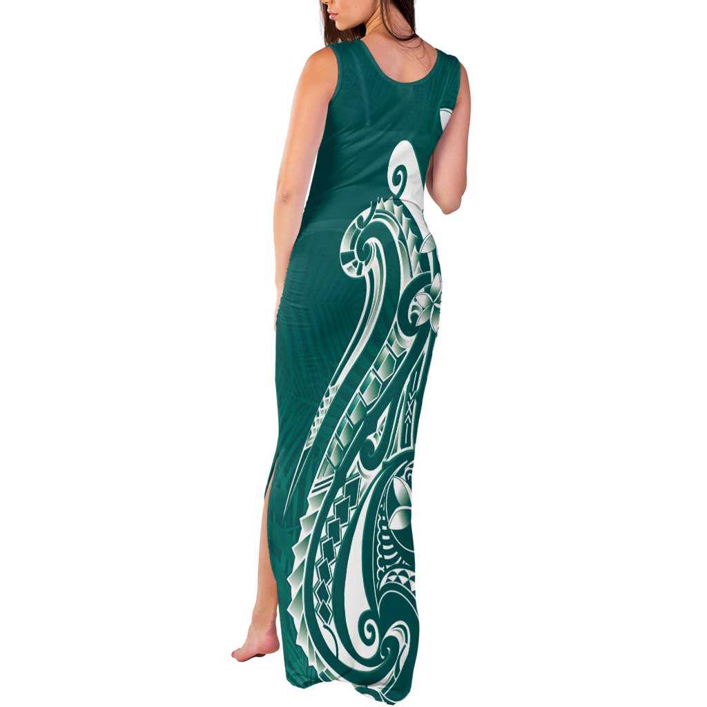 Kia Orana Cook Islands Tank Maxi Dress Teal Plumeria Tropical Waves - Polynesian Pride