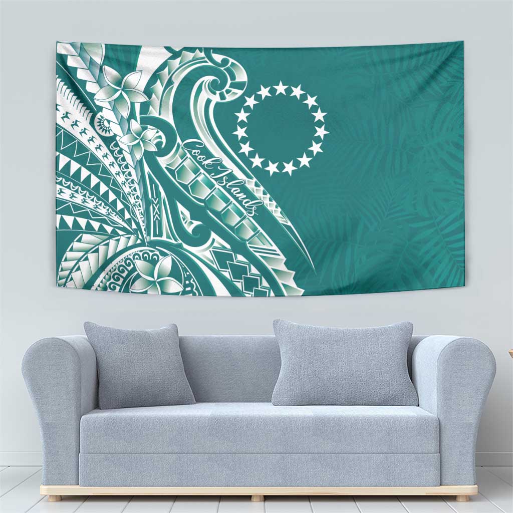 Kia Orana Cook Islands Tapestry Teal Plumeria Tropical Waves - Polynesian Pride