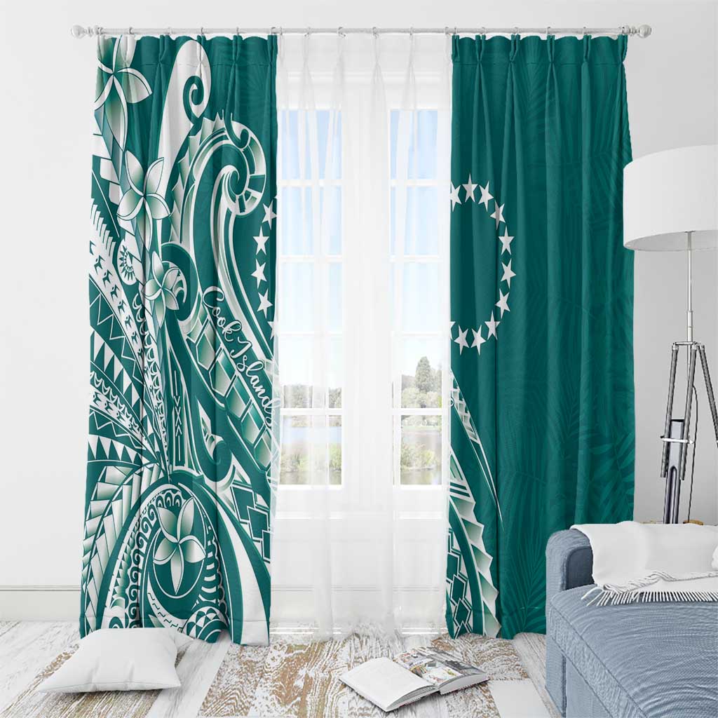 Kia Orana Cook Islands Window Curtain Teal Plumeria Tropical Waves - Polynesian Pride