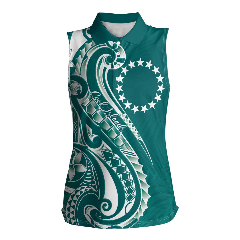 Kia Orana Cook Islands Women Sleeveless Polo Shirt Teal Plumeria Tropical Waves - Polynesian Pride