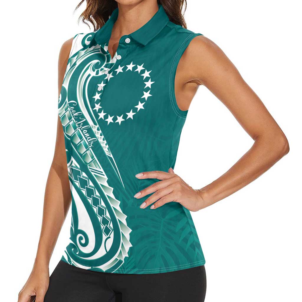 Kia Orana Cook Islands Women Sleeveless Polo Shirt Teal Plumeria Tropical Waves - Polynesian Pride