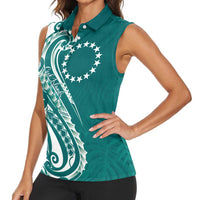 Kia Orana Cook Islands Women Sleeveless Polo Shirt Teal Plumeria Tropical Waves - Polynesian Pride