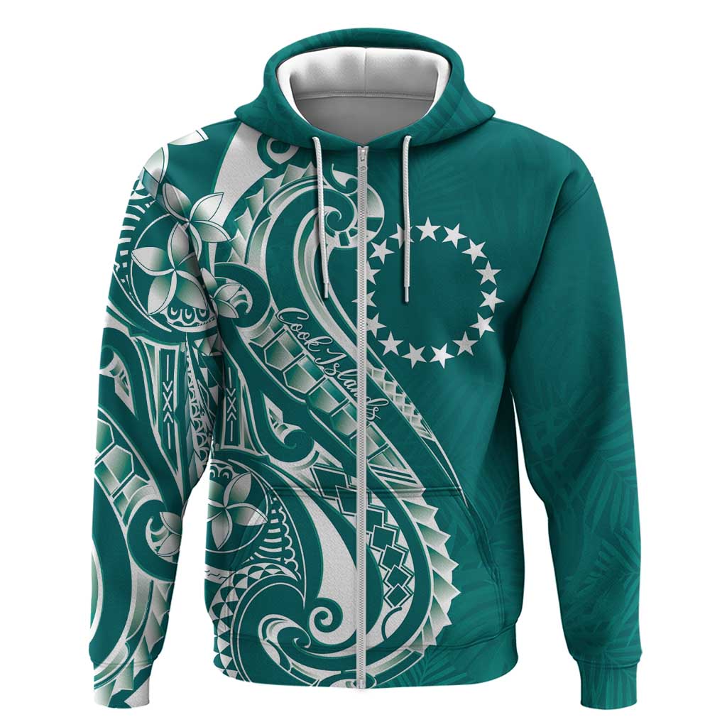 Kia Orana Cook Islands Zip Hoodie Teal Plumeria Tropical Waves - Polynesian Pride