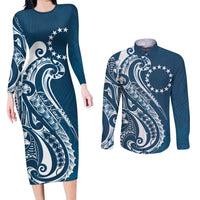 Kia Orana Cook Islands Couples Matching Long Sleeve Bodycon Dress and Long Sleeve Button Shirt Auika Plumeria Tropical Waves - Polynesian Pride
