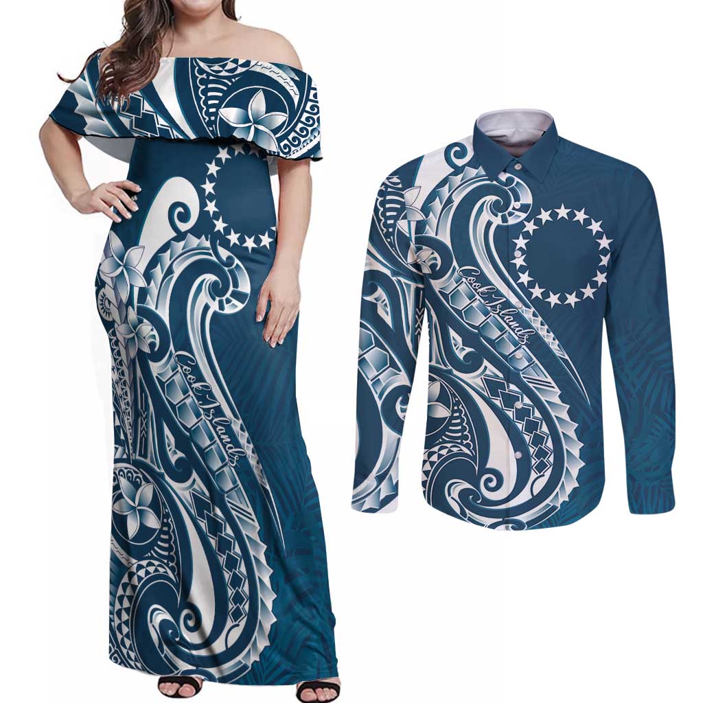 Kia Orana Cook Islands Couples Matching Off Shoulder Maxi Dress and Long Sleeve Button Shirt Auika Plumeria Tropical Waves - Polynesian Pride