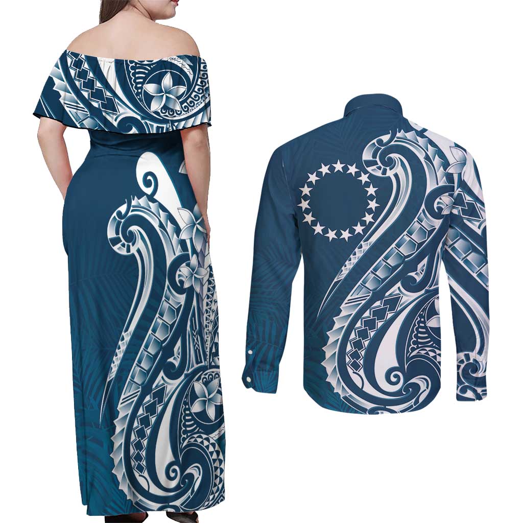 Kia Orana Cook Islands Couples Matching Off Shoulder Maxi Dress and Long Sleeve Button Shirt Auika Plumeria Tropical Waves - Polynesian Pride