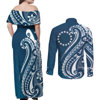 Kia Orana Cook Islands Couples Matching Off Shoulder Maxi Dress and Long Sleeve Button Shirt Auika Plumeria Tropical Waves - Polynesian Pride