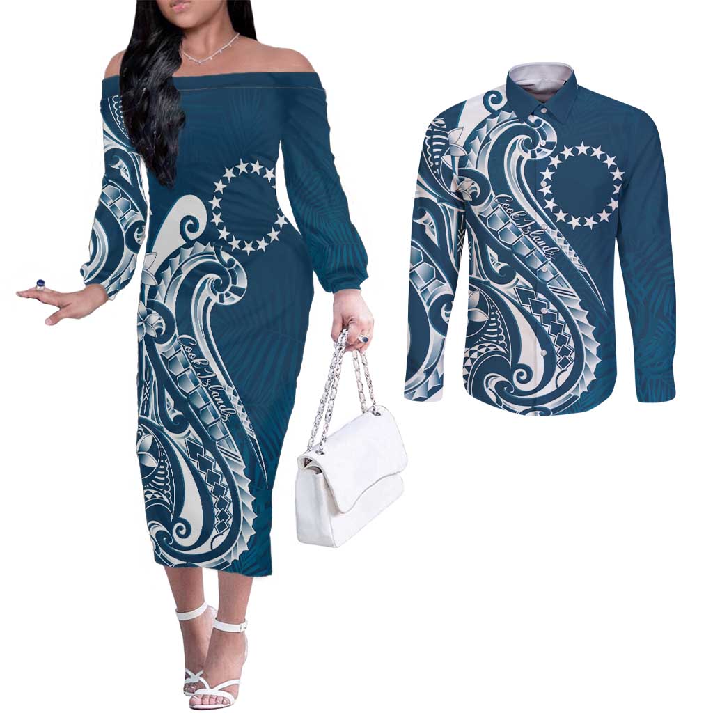 Kia Orana Cook Islands Couples Matching Off The Shoulder Long Sleeve Dress and Long Sleeve Button Shirt Auika Plumeria Tropical Waves - Polynesian Pride