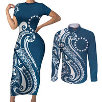 Kia Orana Cook Islands Couples Matching Short Sleeve Bodycon Dress and Long Sleeve Button Shirt Auika Plumeria Tropical Waves - Polynesian Pride