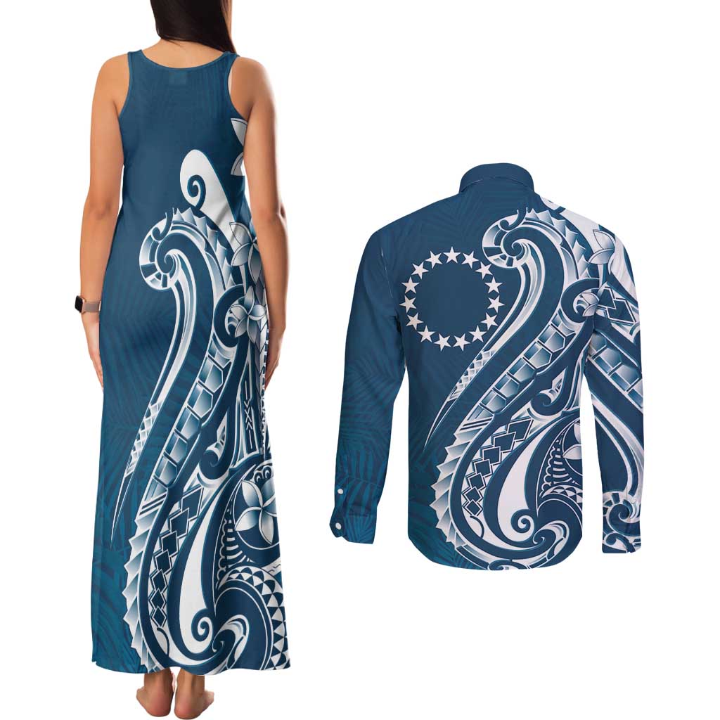 Kia Orana Cook Islands Couples Matching Tank Maxi Dress and Long Sleeve Button Shirt Auika Plumeria Tropical Waves - Polynesian Pride
