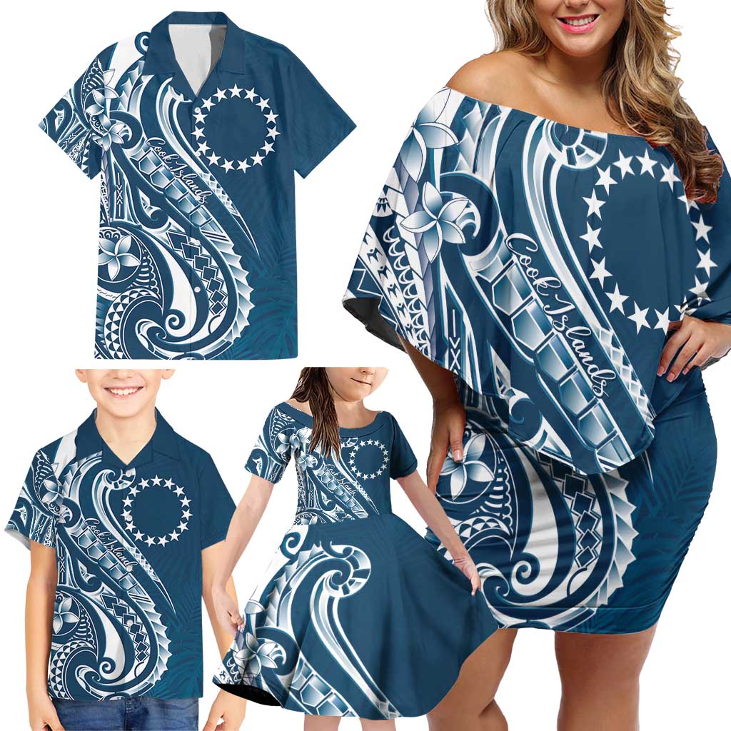 Kia Orana Cook Islands Family Matching Off Shoulder Short Dress and Hawaiian Shirt Auika Plumeria Tropical Waves - Polynesian Pride