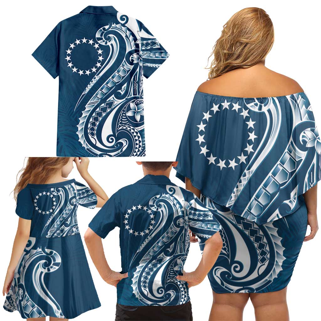 Kia Orana Cook Islands Family Matching Off Shoulder Short Dress and Hawaiian Shirt Auika Plumeria Tropical Waves - Polynesian Pride
