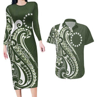 Kia Orana Cook Islands Couples Matching Long Sleeve Bodycon Dress and Hawaiian Shirt Matie Plumeria Tropical Waves - Polynesian Pride