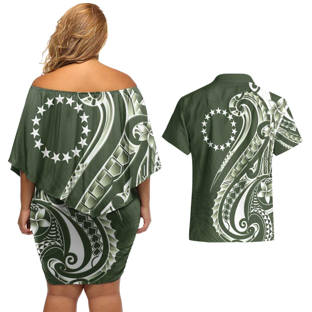 Kia Orana Cook Islands Couples Matching Off Shoulder Short Dress and Hawaiian Shirt Matie Plumeria Tropical Waves - Polynesian Pride