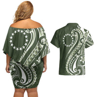 Kia Orana Cook Islands Couples Matching Off Shoulder Short Dress and Hawaiian Shirt Matie Plumeria Tropical Waves - Polynesian Pride