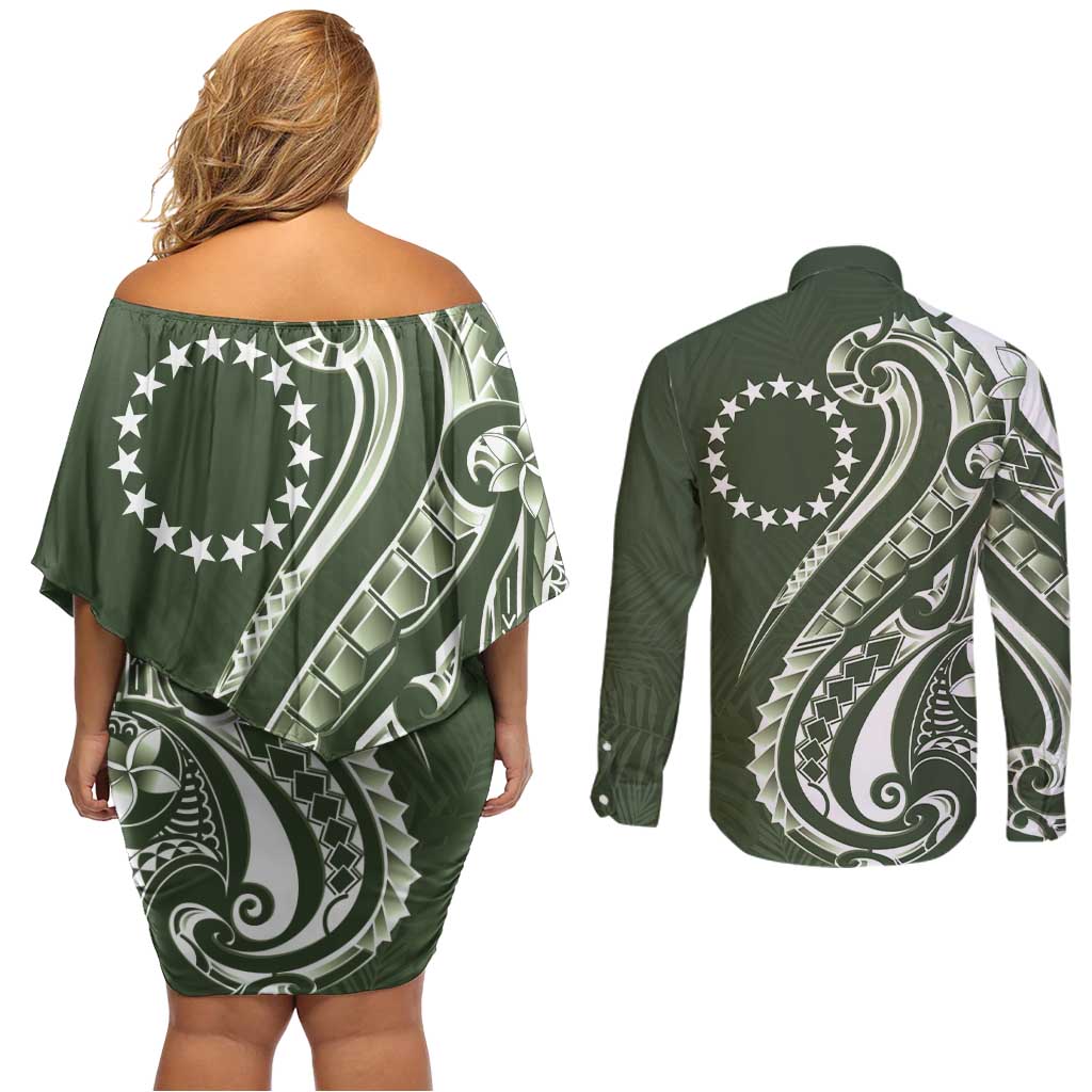 Kia Orana Cook Islands Couples Matching Off Shoulder Short Dress and Long Sleeve Button Shirt Matie Plumeria Tropical Waves - Polynesian Pride