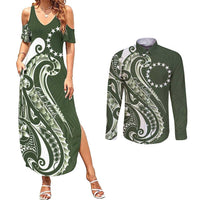 Kia Orana Cook Islands Couples Matching Summer Maxi Dress and Long Sleeve Button Shirt Matie Plumeria Tropical Waves - Polynesian Pride