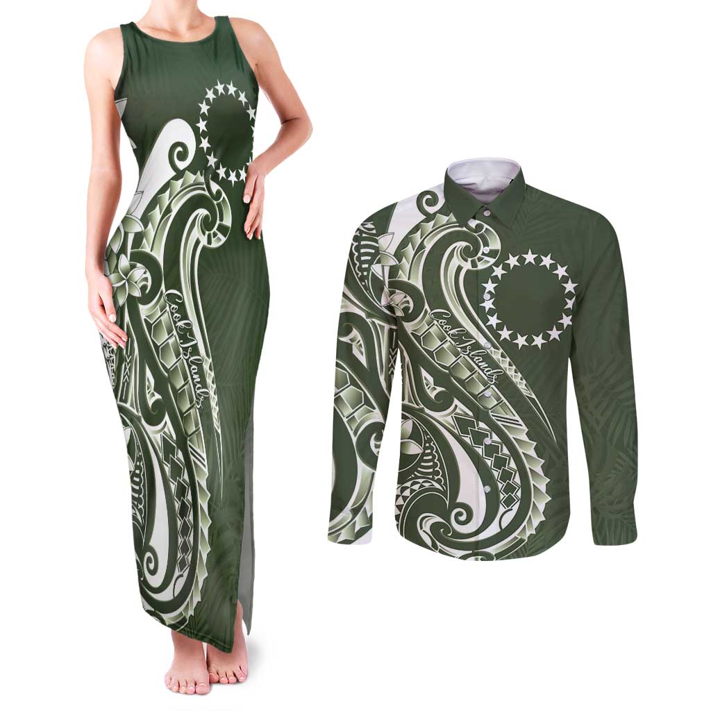 Kia Orana Cook Islands Couples Matching Tank Maxi Dress and Long Sleeve Button Shirt Matie Plumeria Tropical Waves - Polynesian Pride