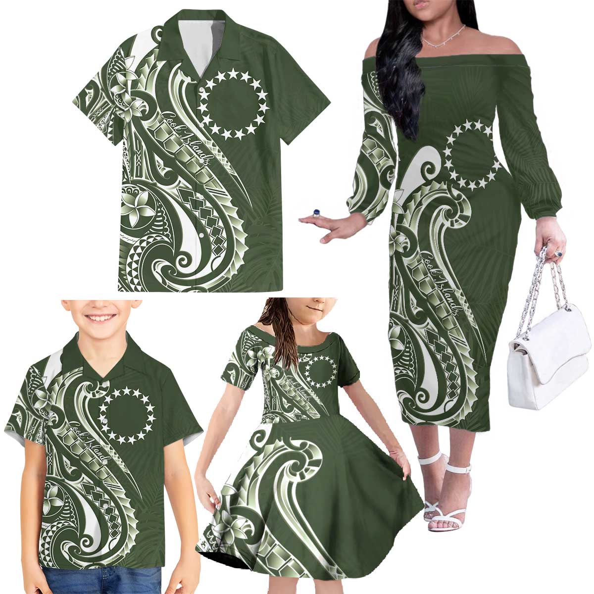 Kia Orana Cook Islands Family Matching Off The Shoulder Long Sleeve Dress and Hawaiian Shirt Matie Plumeria Tropical Waves - Polynesian Pride