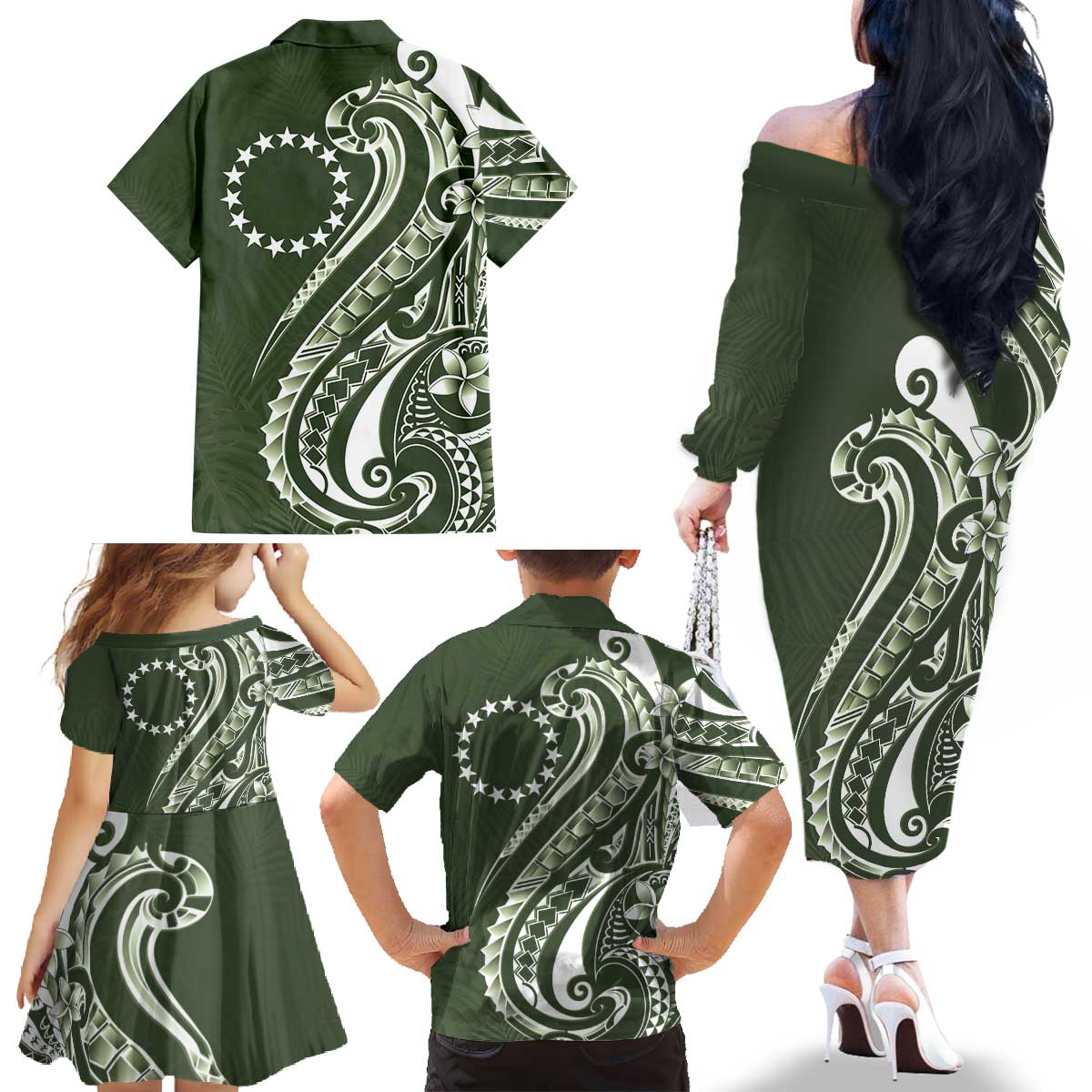 Kia Orana Cook Islands Family Matching Off The Shoulder Long Sleeve Dress and Hawaiian Shirt Matie Plumeria Tropical Waves - Polynesian Pride