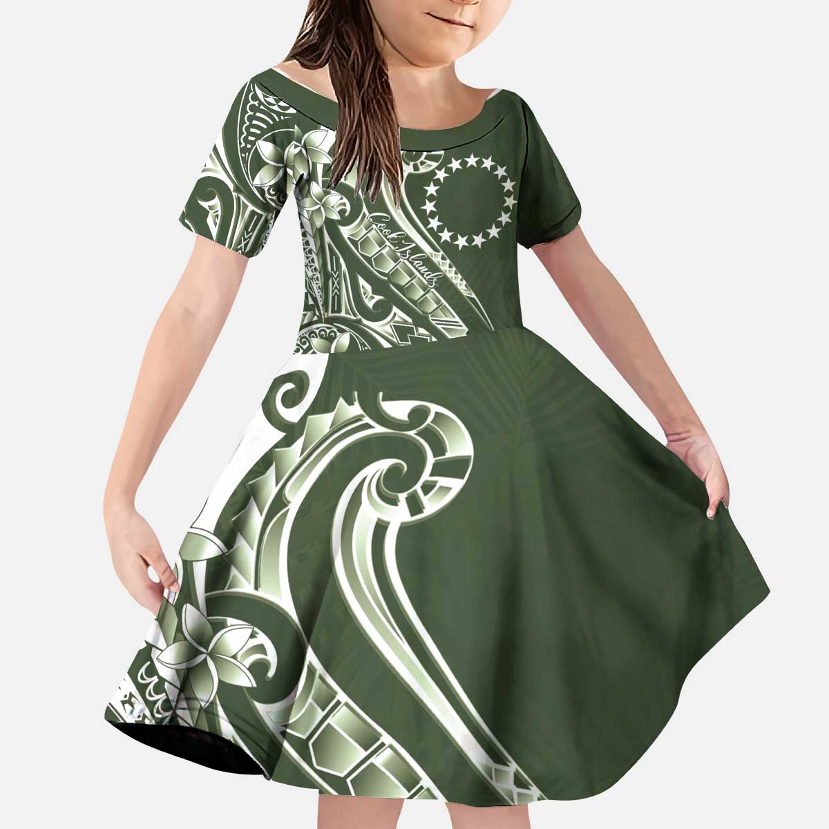 Kia Orana Cook Islands Kid Short Sleeve Dress Matie Plumeria Tropical Waves - Polynesian Pride