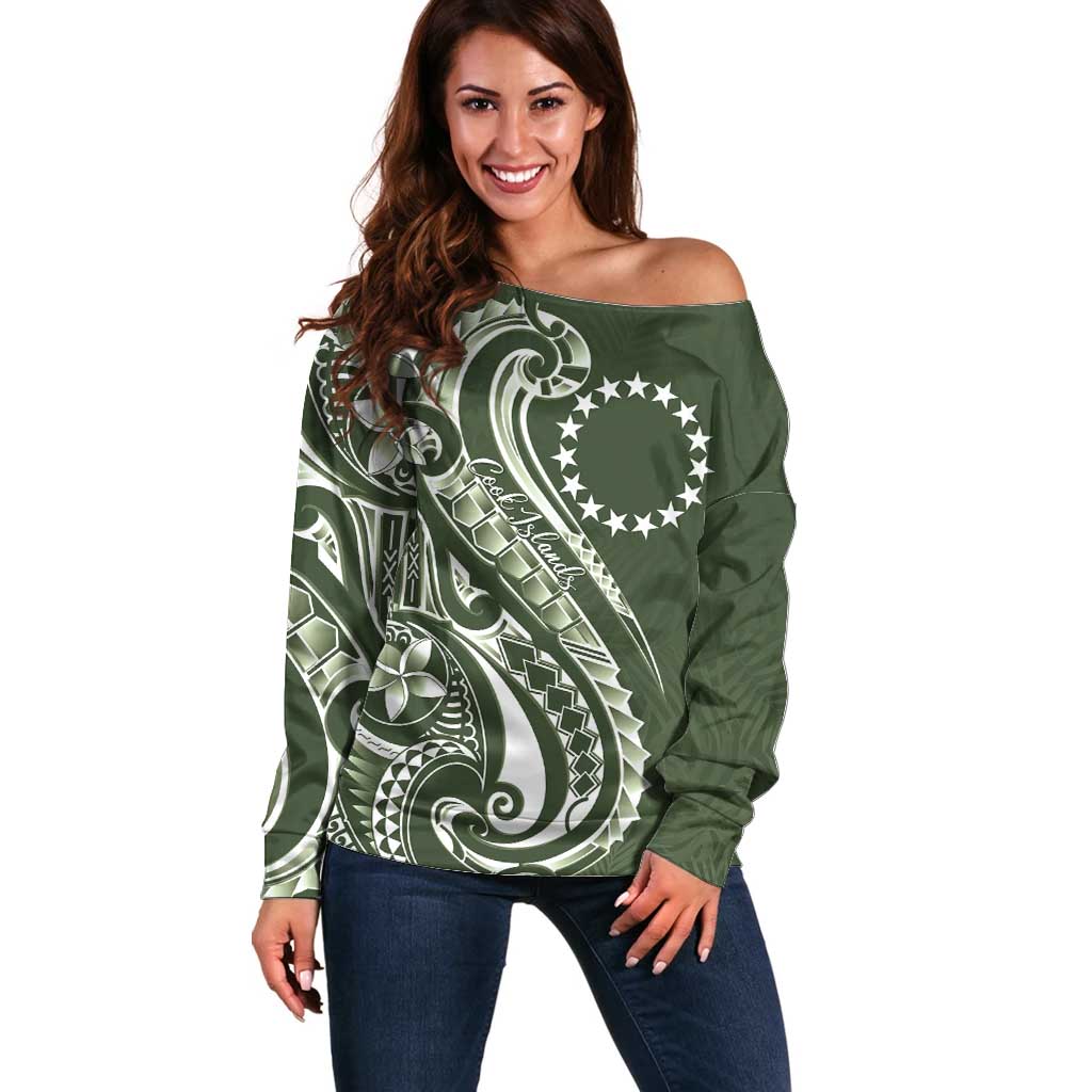 Kia Orana Cook Islands Off Shoulder Sweater Matie Plumeria Tropical Waves - Polynesian Pride