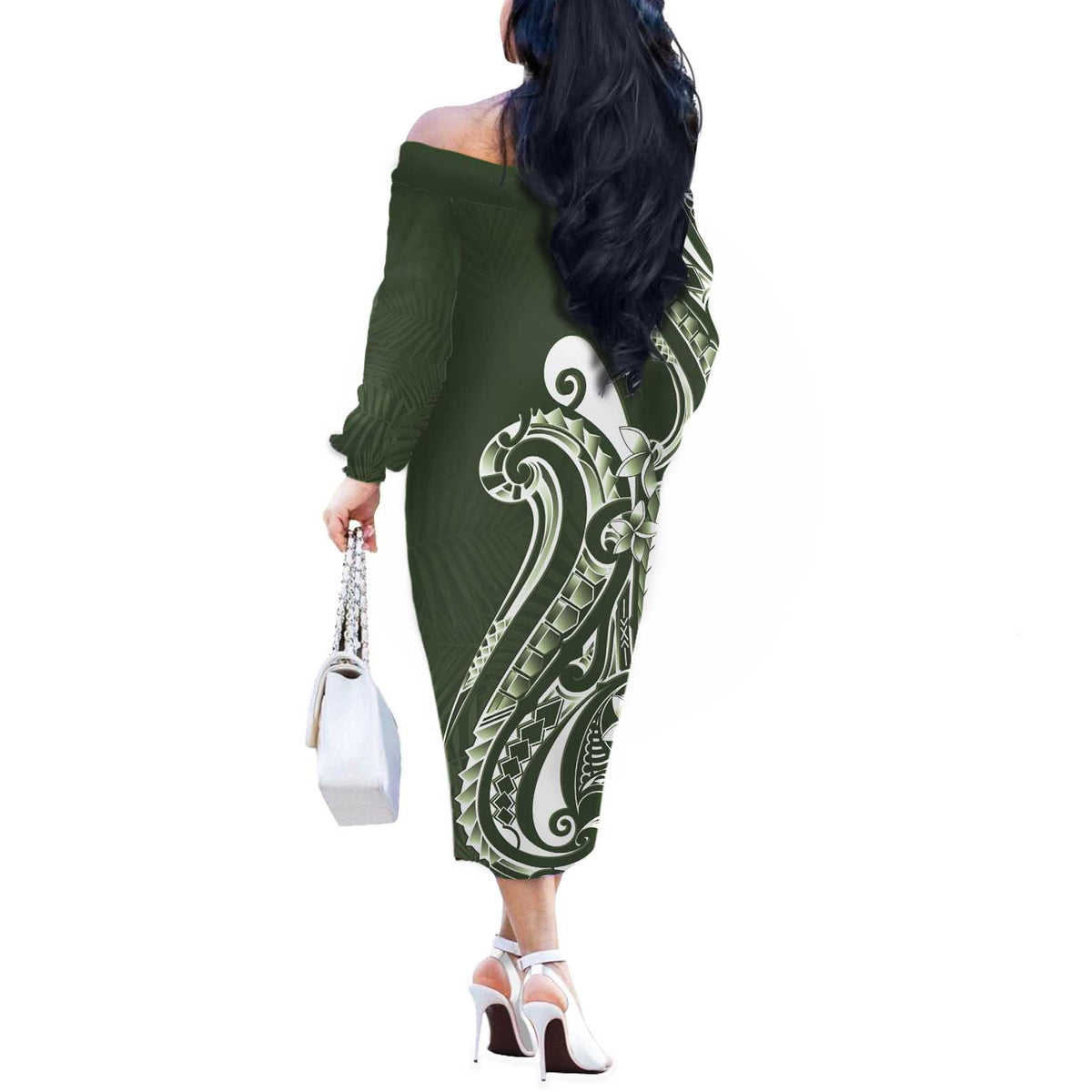 Kia Orana Cook Islands Off The Shoulder Long Sleeve Dress Matie Plumeria Tropical Waves - Polynesian Pride