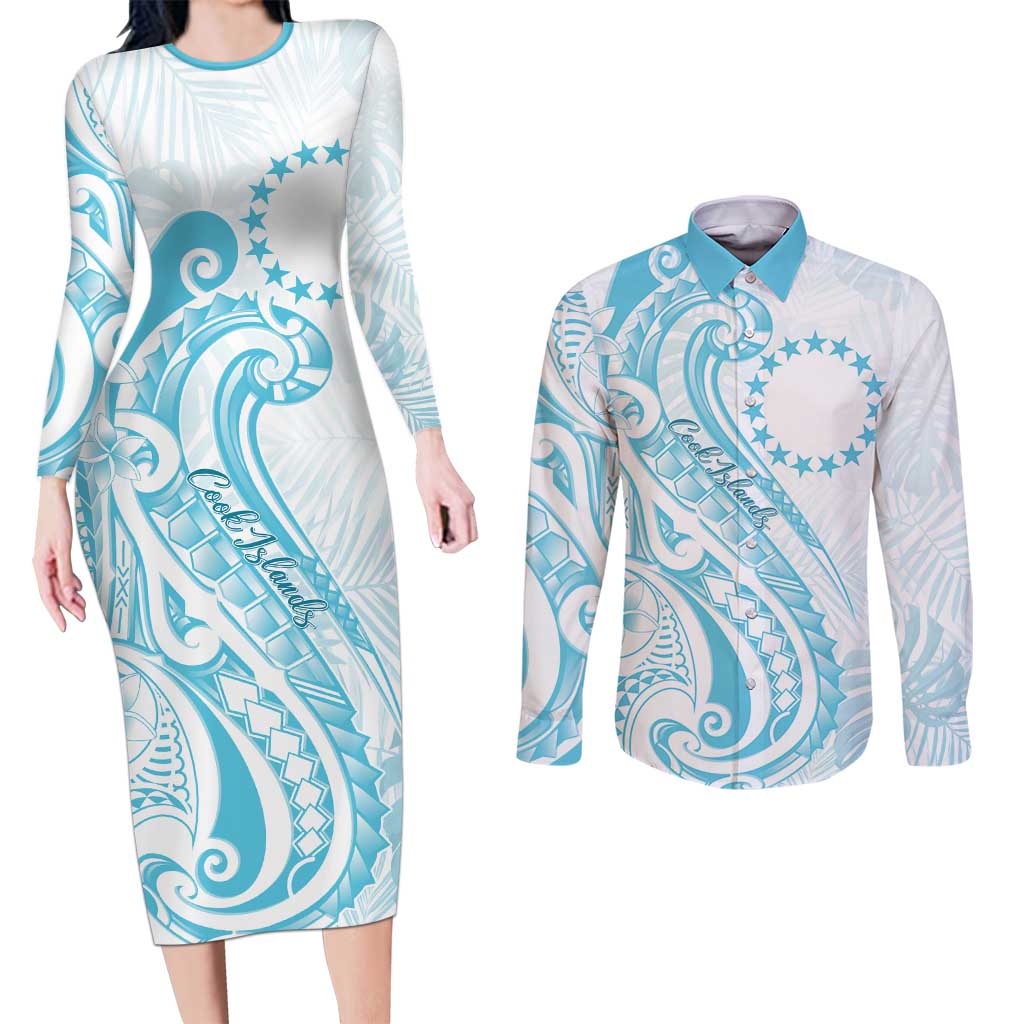 Kia Orana Cook Islands Couples Matching Long Sleeve Bodycon Dress and Long Sleeve Button Shirt Moana Plumeria Tropical Waves - Polynesian Pride