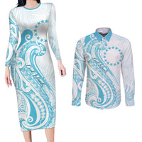 Kia Orana Cook Islands Couples Matching Long Sleeve Bodycon Dress and Long Sleeve Button Shirt Moana Plumeria Tropical Waves - Polynesian Pride
