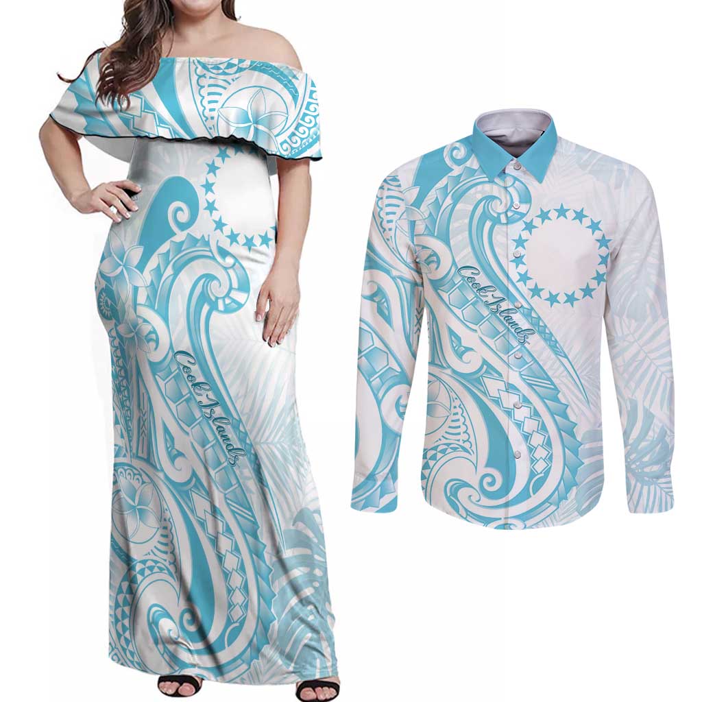 Kia Orana Cook Islands Couples Matching Off Shoulder Maxi Dress and Long Sleeve Button Shirt Moana Plumeria Tropical Waves - Polynesian Pride