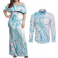 Kia Orana Cook Islands Couples Matching Off Shoulder Maxi Dress and Long Sleeve Button Shirt Moana Plumeria Tropical Waves - Polynesian Pride