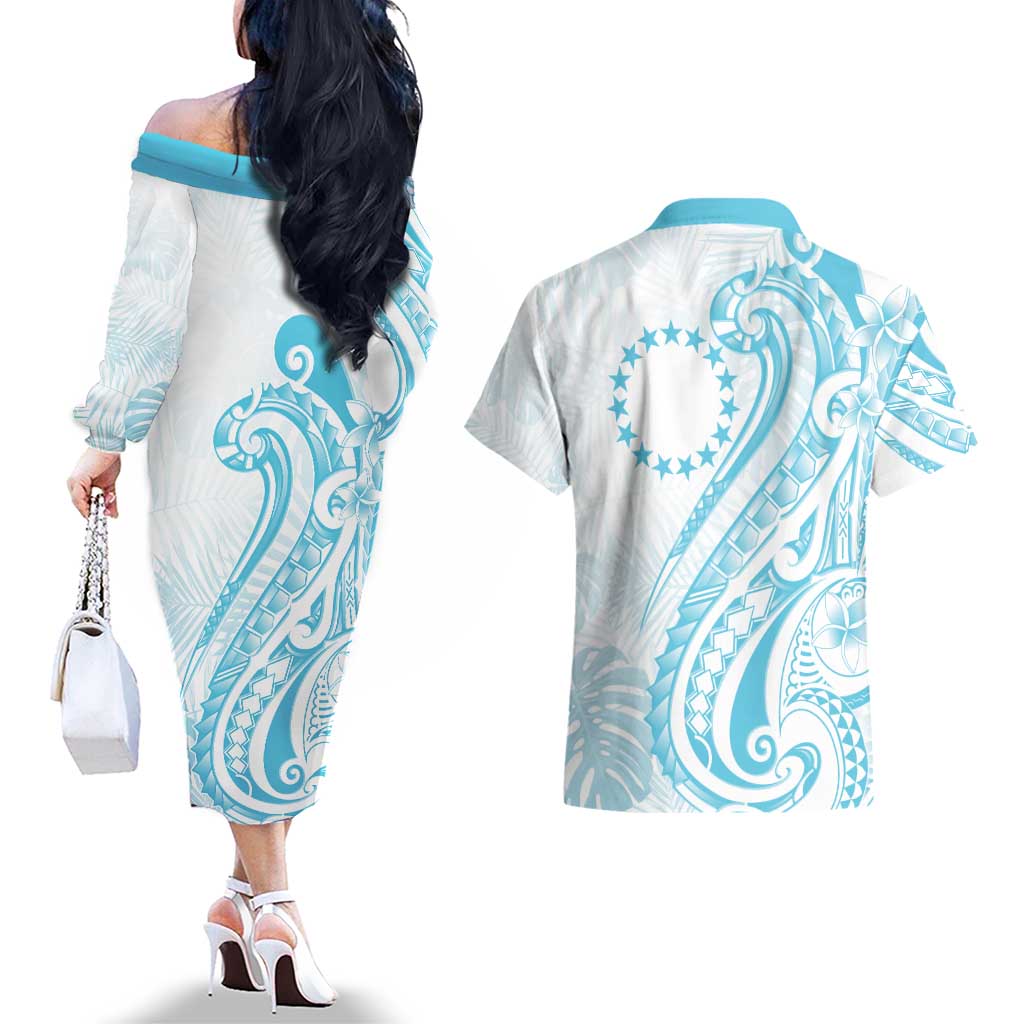 Kia Orana Cook Islands Couples Matching Off The Shoulder Long Sleeve Dress and Hawaiian Shirt Moana Plumeria Tropical Waves - Polynesian Pride