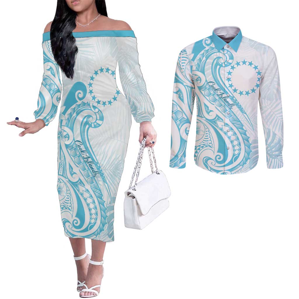 Kia Orana Cook Islands Couples Matching Off The Shoulder Long Sleeve Dress and Long Sleeve Button Shirt Moana Plumeria Tropical Waves - Polynesian Pride