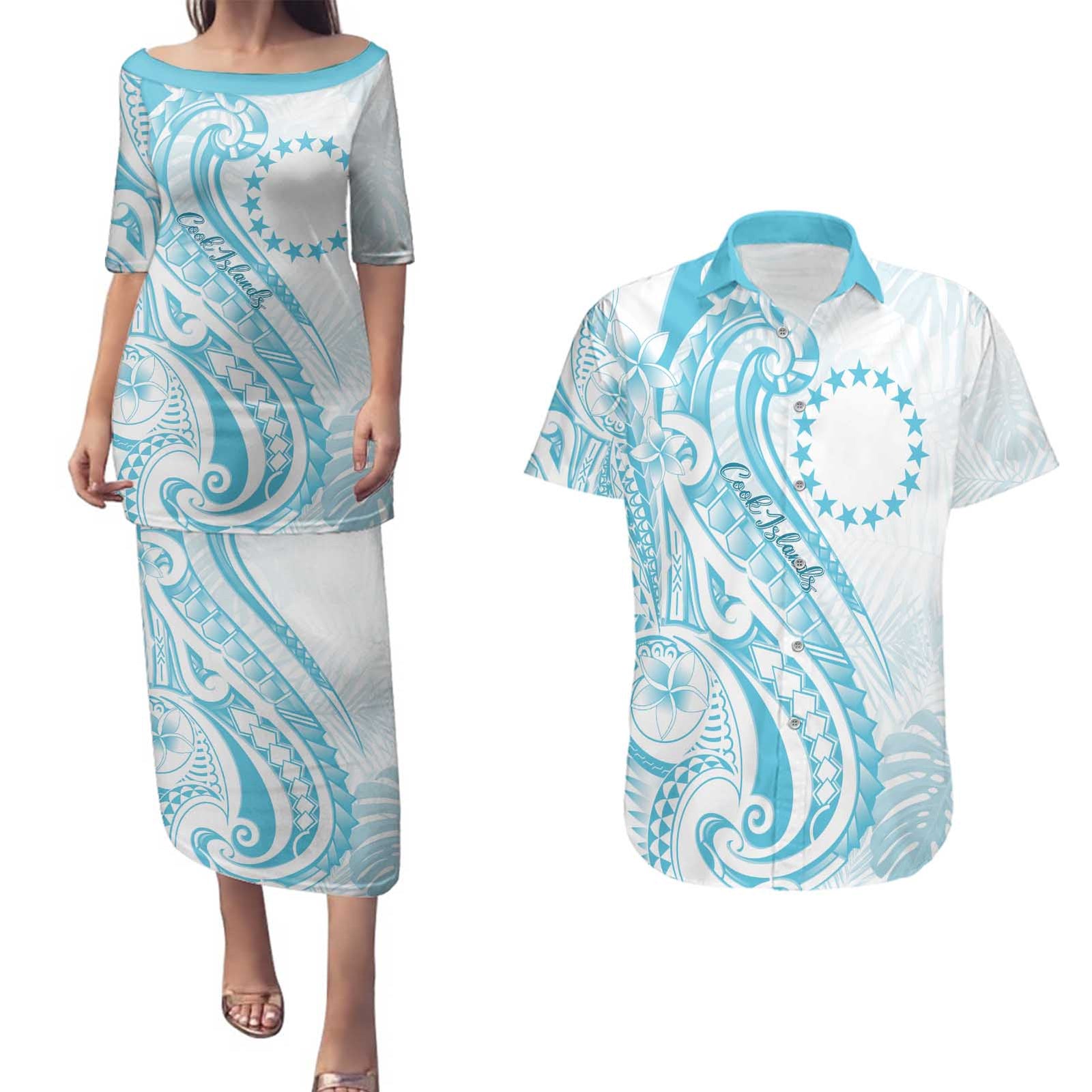 Kia Orana Cook Islands Couples Matching Puletasi and Hawaiian Shirt Moana Plumeria Tropical Waves - Polynesian Pride