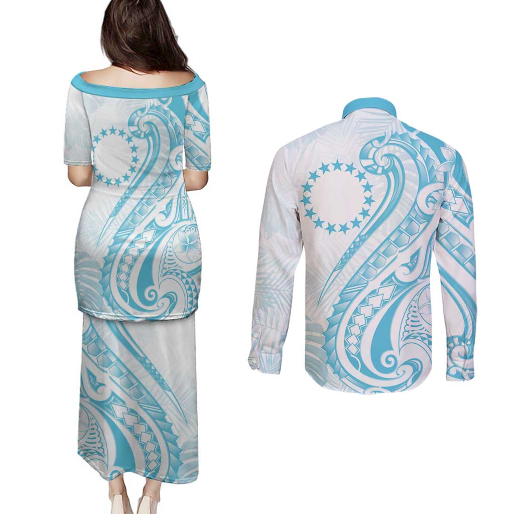 Kia Orana Cook Islands Couples Matching Puletasi and Long Sleeve Button Shirt Moana Plumeria Tropical Waves - Polynesian Pride