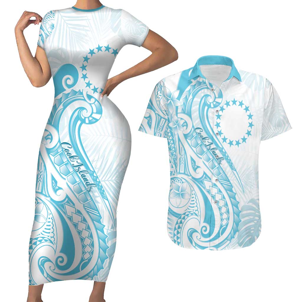 Kia Orana Cook Islands Couples Matching Short Sleeve Bodycon Dress and Hawaiian Shirt Moana Plumeria Tropical Waves - Polynesian Pride