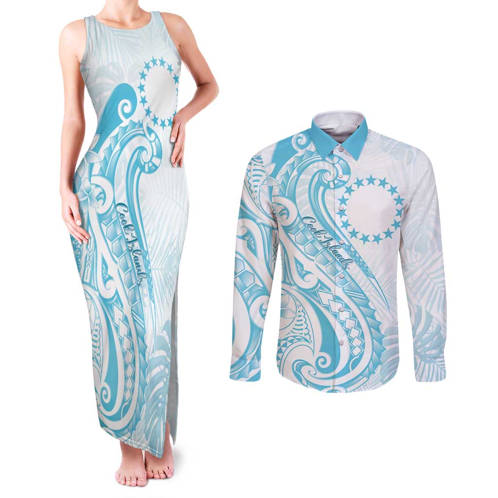 Kia Orana Cook Islands Couples Matching Tank Maxi Dress and Long Sleeve Button Shirt Moana Plumeria Tropical Waves - Polynesian Pride