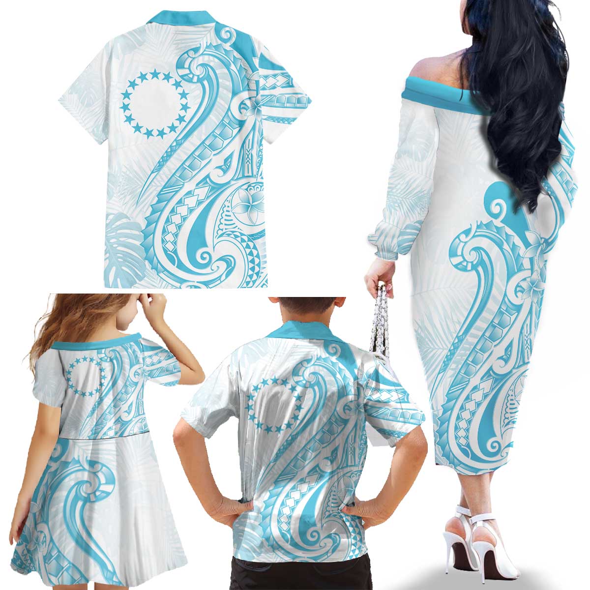 Kia Orana Cook Islands Family Matching Off The Shoulder Long Sleeve Dress and Hawaiian Shirt Moana Plumeria Tropical Waves - Polynesian Pride