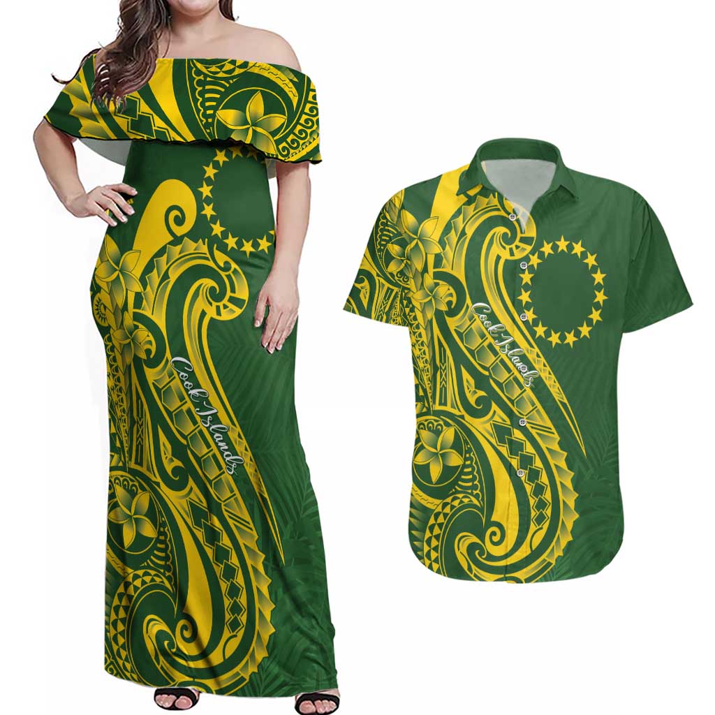 Kia Orana Cook Islands Couples Matching Off Shoulder Maxi Dress and Hawaiian Shirt Plumeria Tropical Waves - Polynesian Pride