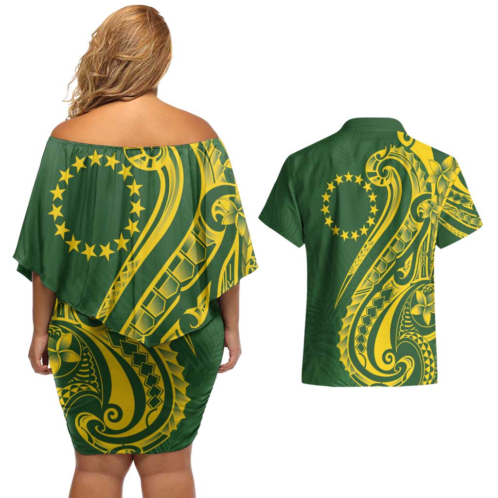 Kia Orana Cook Islands Couples Matching Off Shoulder Short Dress and Hawaiian Shirt Plumeria Tropical Waves - Polynesian Pride