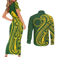 Kia Orana Cook Islands Couples Matching Short Sleeve Bodycon Dress and Long Sleeve Button Shirt Plumeria Tropical Waves - Polynesian Pride