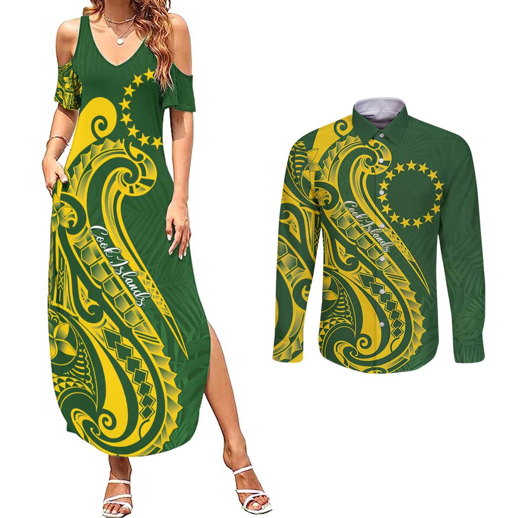 Kia Orana Cook Islands Couples Matching Summer Maxi Dress and Long Sleeve Button Shirt Plumeria Tropical Waves - Polynesian Pride