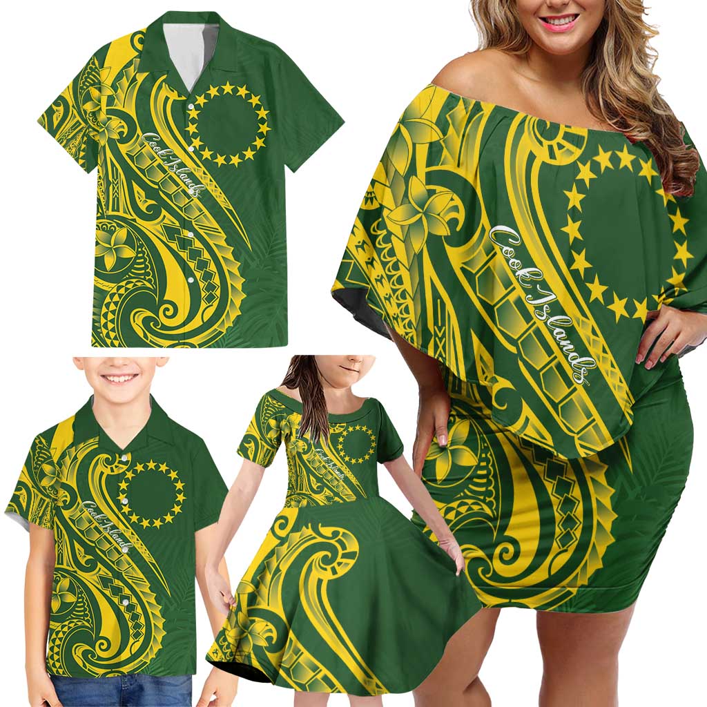 Kia Orana Cook Islands Family Matching Off Shoulder Short Dress and Hawaiian Shirt Plumeria Tropical Waves - Polynesian Pride