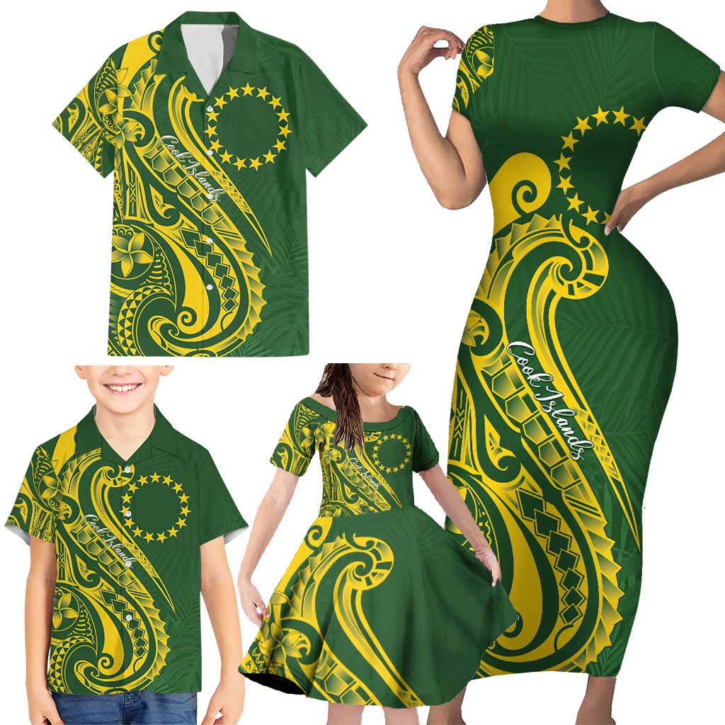 Kia Orana Cook Islands Family Matching Short Sleeve Bodycon Dress and Hawaiian Shirt Plumeria Tropical Waves - Polynesian Pride