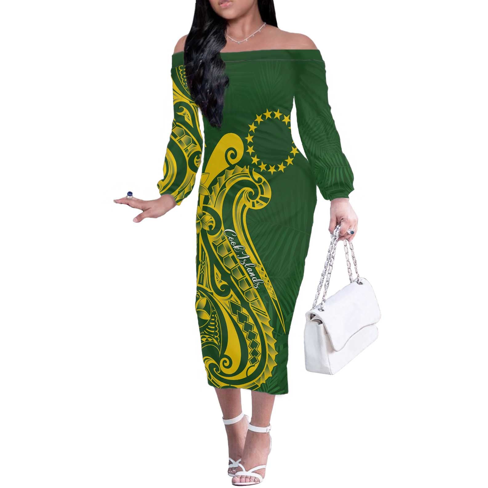 Kia Orana Cook Islands Off The Shoulder Long Sleeve Dress Plumeria Tropical Waves - Polynesian Pride