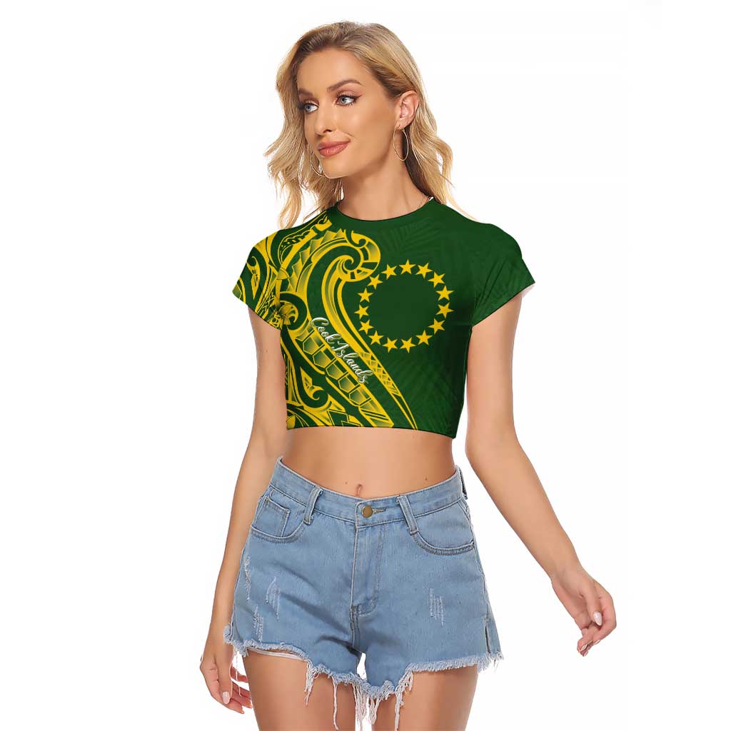 Kia Orana Cook Islands Raglan Cropped T Shirt Plumeria Tropical Waves LT7 Female Yellow Green - Polynesian Pride