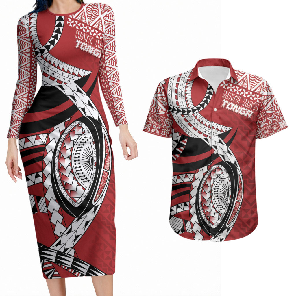 Mate Ma'a Tonga Rugby Custom Kupesi Motifs Couples Matching Long Sleeve Bodycon Dress and Hawaiian Shirt Red Waves